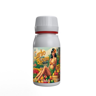 Frasco de plástico branco com rótulo colorido e tampa de rosca.