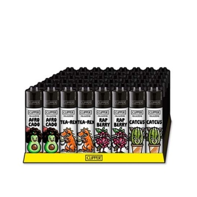 Isqueiros Clipper reutilizáveis com desenhos coloridos de abacate, dinossauros, frutos vermelhos e cactos em caixa amarela.