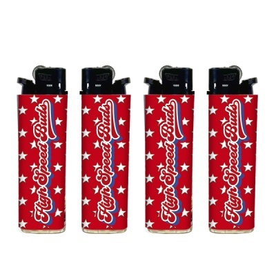 quatro isqueiros vermelhos com estrelas brancas e texto High Speed Buds