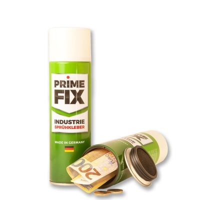 Sprays verdes Prime Fix e euros a sair de um deles