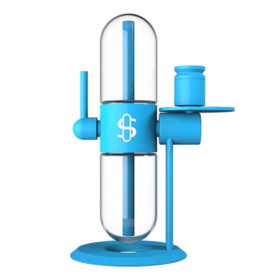 Bong azul e transparente com símbolo branco e base redonda azul