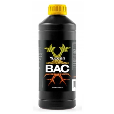 Frasco preto com tampa amarela e rótulo Yuccah BAC
