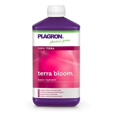 Frasco plástico roxo de fertilizante líquido PLAGRON terra bloom com tampa branca e rótulo colorido