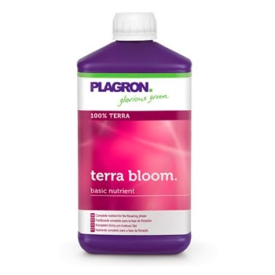 Frasco roxo de fertilizante Plagron Terra Bloom com etiqueta branca e rosa