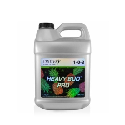 Recipiente plástico cinza com rótulo colorido do produto Heavy Bud Pro da Grotek