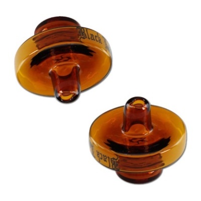 Dois tampões de vidro âmbar com texto 'Black'