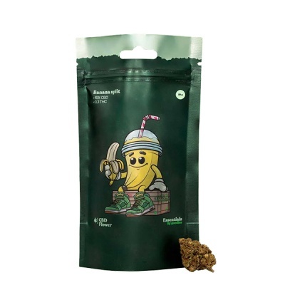 Embalagem preta de produtos CBD com ilustração de uma banana animada e flor de cânhamo.
