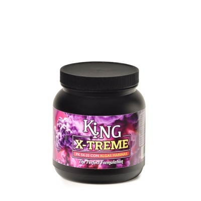 Frasco preto com tampa preta e etiqueta colorida com texto King X-TREME