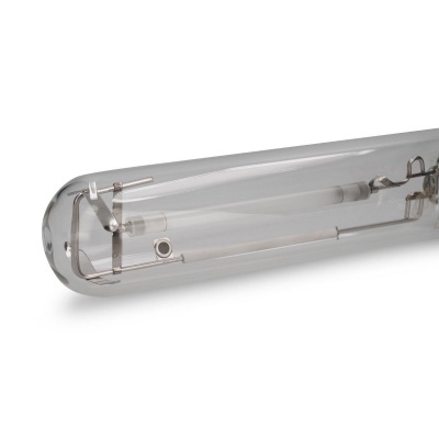 Tubo de vidro transparente com elementos metálicos internos