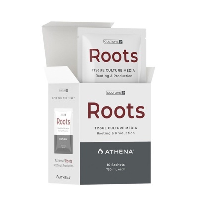 Caixa branca e cinzenta com sachês do produto Roots Tissue Culture Media Athena