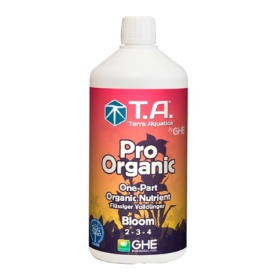 Frasco de fertilizante líquido Pro Organic Bloom 2-3-4 com rótulo colorido