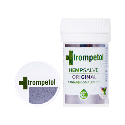 Frasco branco de trompetol HEMP SALVE ORIGINAL com rótulo e tampa ao lado