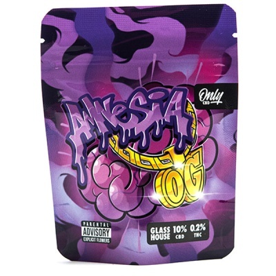 Pacote de produto com design roxo e texto Amnesia OG com selo Only CBD