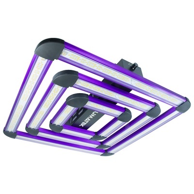 Lâmpada LED de cultivo quadrada roxa com LEDs brancos e cantos pretos