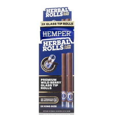 Caixa azul de HERBAL ROLLS Premium Wild Berry com 2 cigarros king size e ponta de vidro da marca HEMPER