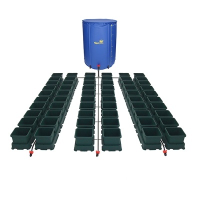 Conjunto de vasos de cultivo verdes com sistema de rega e reservatório azul Flexi Tanks