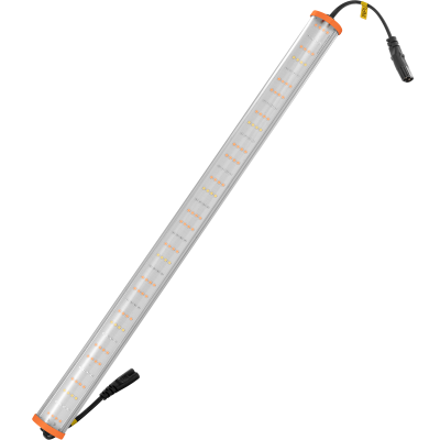 Luz LED em barra comprida com LEDs laranja e amarelos e cabo preto com etiqueta INPUT