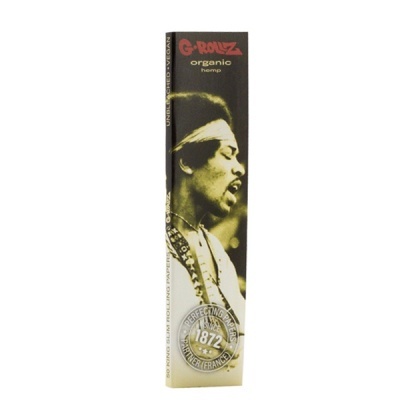 Embalagem de papel de enrolar G-Rollz organic hemp com imagem de homem e selo de qualidade.