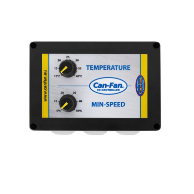 Controlador Can-Fan preto com botões e painel frontal com temperatura e velocidade mínima.