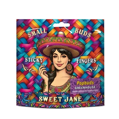 Embala colorida com padrão entrelaçado e ilustração de mulher com chapéu mexicano