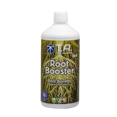 Garrafas brancas com rótulo verde e texto Root Booster da Terra Aquatica.
