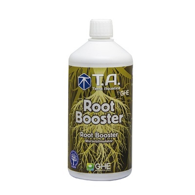 Frasco branco com rótulo Root Booster da Terra Aquatica e raízes desenhadas