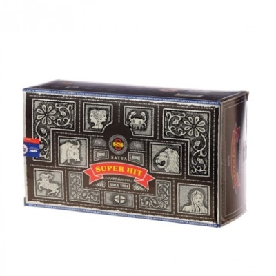 Caixa preta com símbolos astrológicos e texto SATYA SUPER HIT