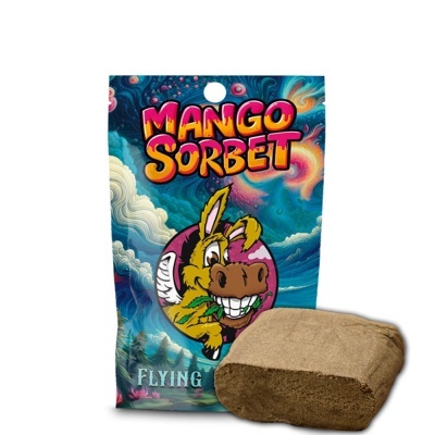 Embalagem colorida MANGO SORBET com desenho de burro sorridente e bloco marrom