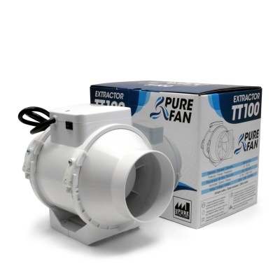 Extrator de ar branco modelo TT100 da PURE FAN com caixa de embalagem