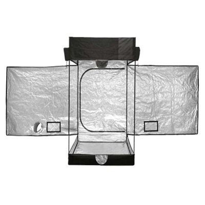 Tenda de cultivo interior preta e prateada com janelas e aberturas