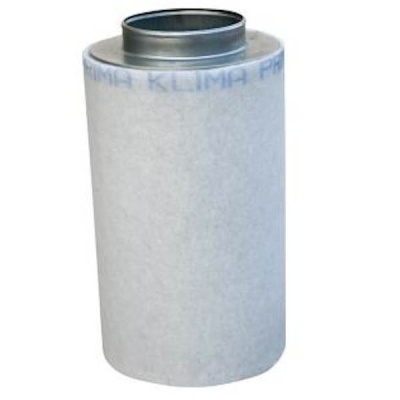 Filtro cilíndrico de ar branco com acabamento metálico e texto KLIMAKLIMA.