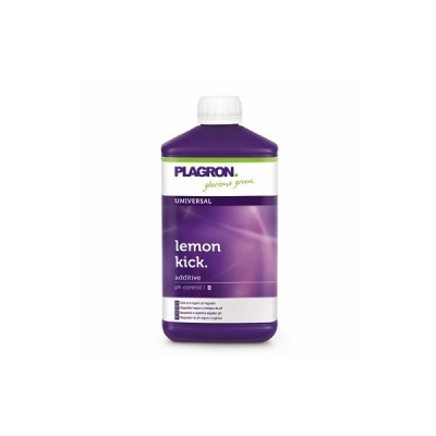 Frasco plástico roxo com etiqueta Plagron lemon kick additive