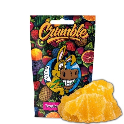 Embalagem colorida com frutas e burro sorridente e fruta seca amarela