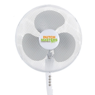 Ventoinha branca com grelha metálica e centro com texto DUTCH MASTERS HYDROPONICS