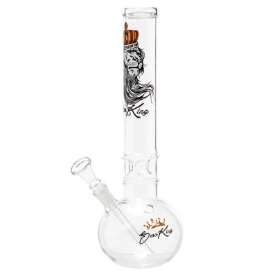 Bong de vidro transparente com desenho de leão e texto Emo King