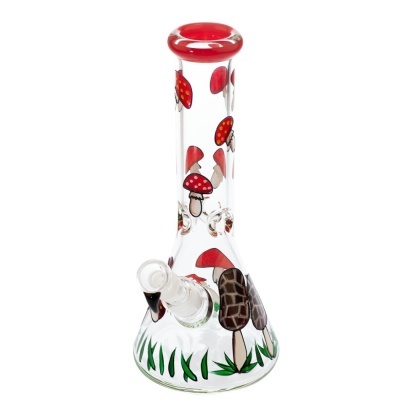 Bong de vidro com decoração de cogumelos e rebordo vermelho