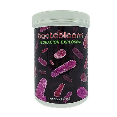 Recipiente branco de suplemento bactobloom com design roxo e preto