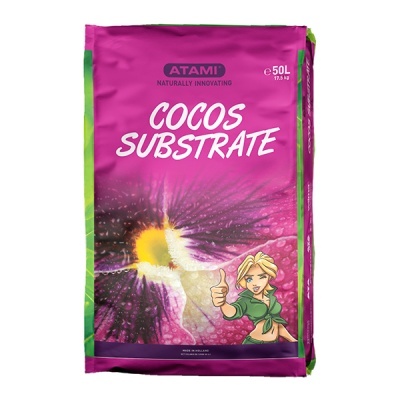 Saco rosa de substrato Atami Cocos Substrate 50L com ilustração de flor e personagem feminina