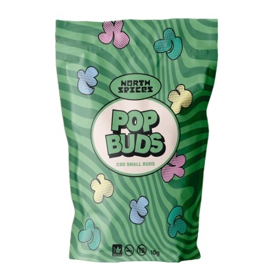 Embalagem verde POP BUDS com padrão e texto
