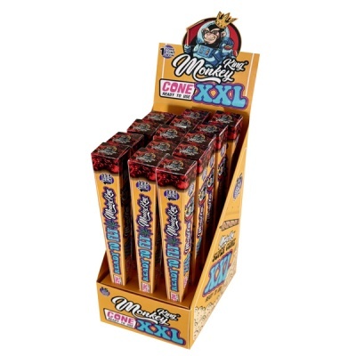 Expositor amarelo com tubos embalados rotulados Monkey King Cone XXL