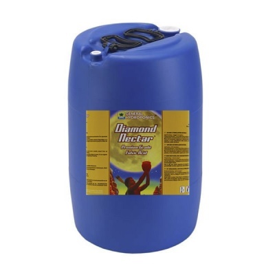 Recipiente plástico azul com etiqueta amarela e texto Diamond Nectar.