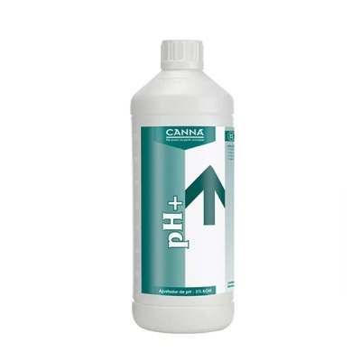 Garrafa plástica branca de produto químico com rótulo verde e branco e texto CANNA pH+