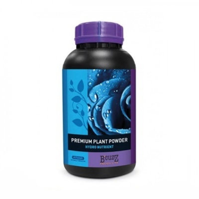 Frasco preto com tampa roxa e rótulo azul e roxo de pó para plantas