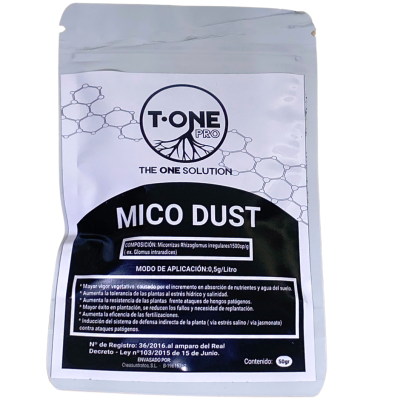 Pacote de produto MICO DUST T-ONE PRO branco e preto com texto e moléculas químicas impressas