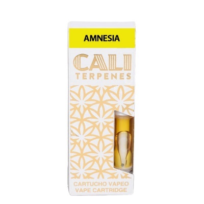 Cartucho de vape Cali Terpenes Amnesia em embalagem branca com padrão floral bege.