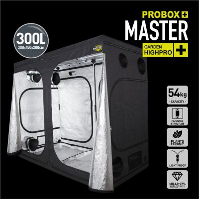 Tenda de cultivo preta e prateada PROBOX MASTER com características e dimensões indicadas