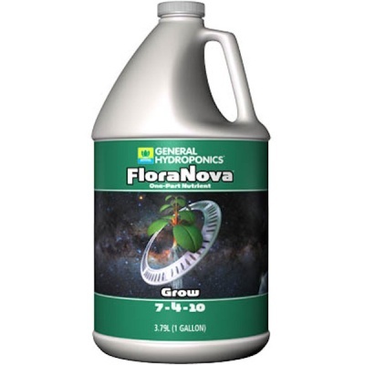 Recipiente plástico branco de fertilizante FloraNova Grow 7-4-20 de 3,79L com rótulo verde.