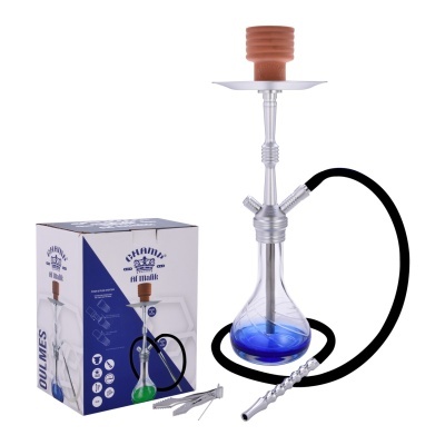 Cachimbo de água azul com haste metálica e tubo preto