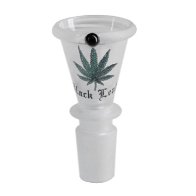 Pega de vidro translúcido para cachimbo com desenho de folha verde e texto Black Leaf