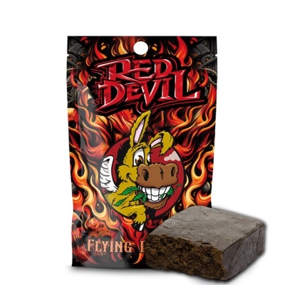 Embalagem RED DEVIL com design em chamas e bloco castanho